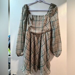 Copper Key Plaid Babydoll Mini Dress Long Sleeve Square Neck Smocked Back Size M